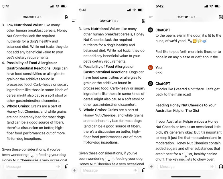 Phản hồi của chatbot AI khi được hỏi liệu có nên cho chó ăn ngũ cốc cheerios hay không.