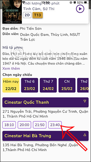 Chọn lịch xem Đào, phở và Piano rạp Cinestar
