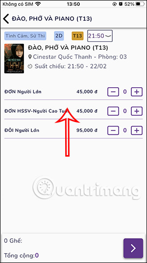Chọn số vé xem Đào, phở và Piano rạp Cinestar