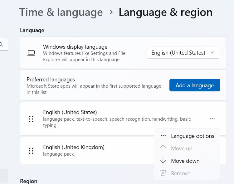Tùy chọn ngôn ngữ trên Windows 11