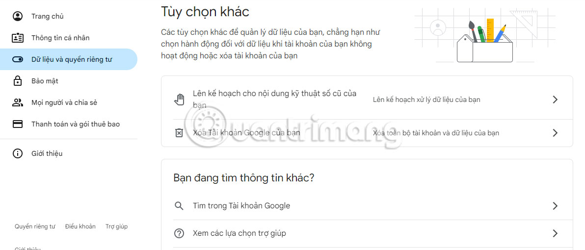 Tùy chọn Xóa tài khoản Google của bạn