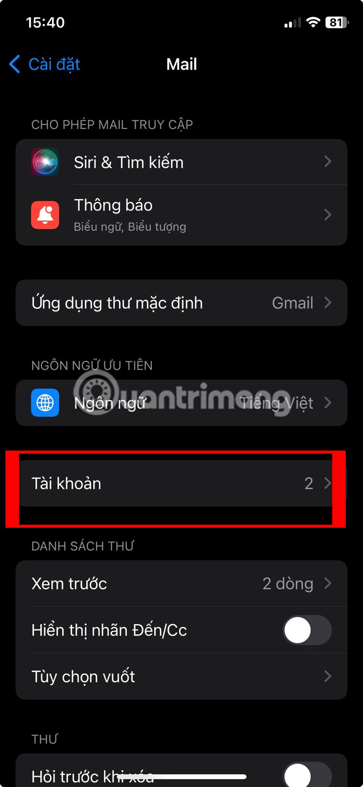 Chọn Gmail trong Tài khoản.