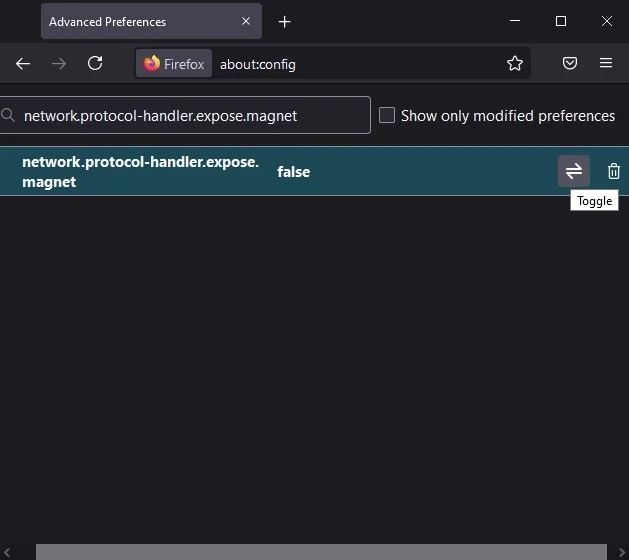 Tìm kiếm network.protocol-handler.expose.magnet trên trang đó