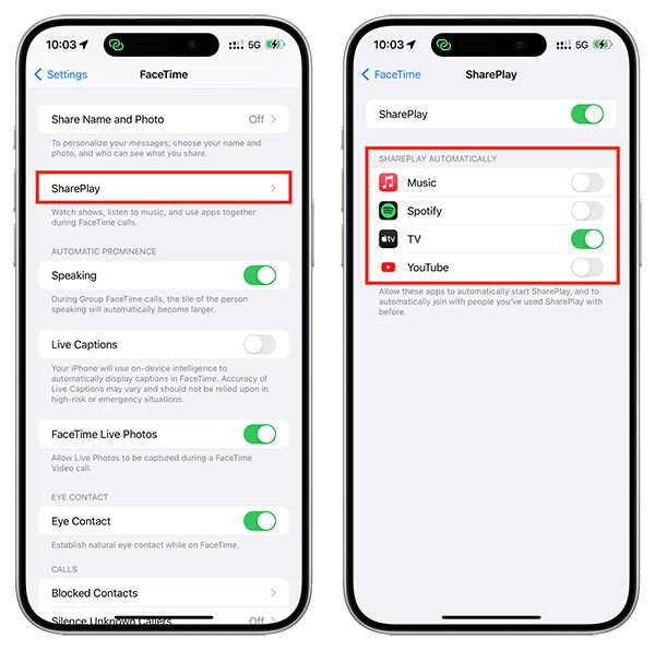 Tắt SharePlay tự động bật với ứng dụng