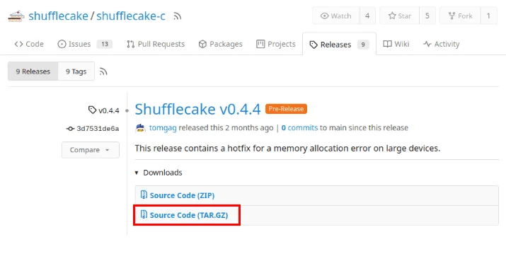 Tải xuống tarball cho Shufflecake trên trang Codeberg của nhà phát triển.