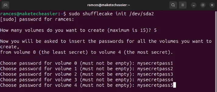 Các mật khẩu bí mật khác nhau cho từng volume ẩn được khởi tạo trong Shufflecake.