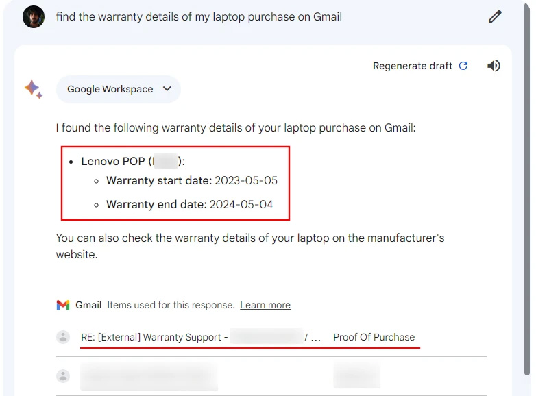 Email tìm kiếm trên Gemini