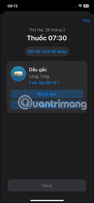 Giao diện lời nhắc uống thuốc trên iPhone 