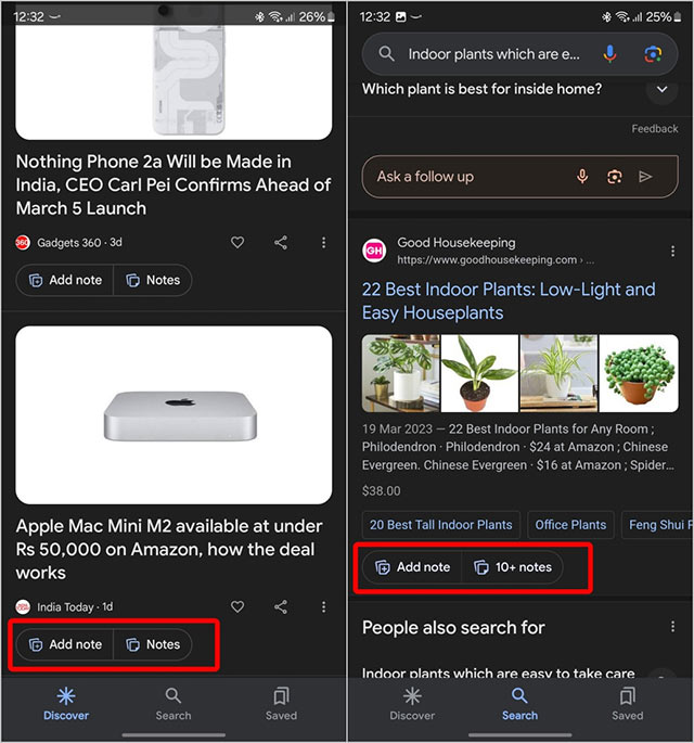 Tùy chọn ghi chú trong Search