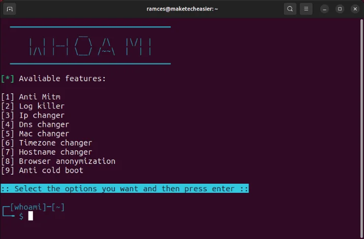 Terminal hiển thị script Whoami chạy trên Ubuntu.