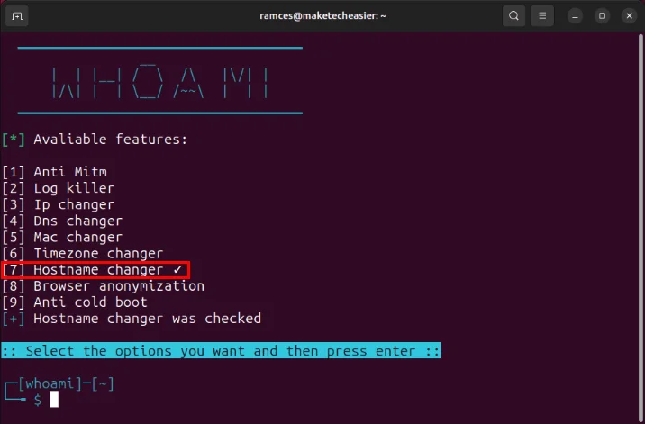 Terminal hiển thị mô-đun thay đổi hostname được bật trong Whoami.