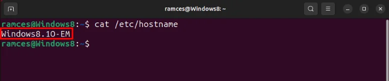 Terminal hiển thị hostname tùy chỉnh cho hệ thống Ubuntu.