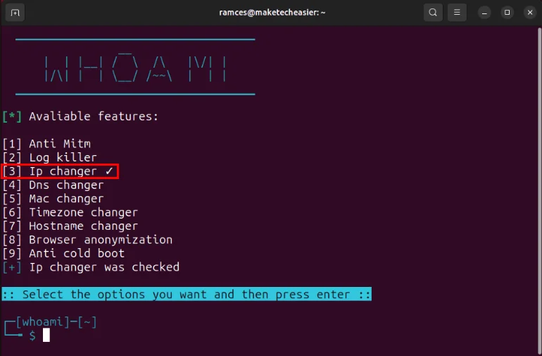 Terminal hiển thị mô-đun thay đổi IP được kích hoạt trong Whoami.