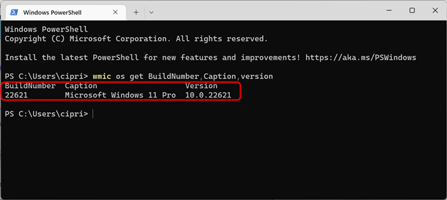 Kiểm tra phiên bản Windows 11 và số bản build bằng wmic trong CMD