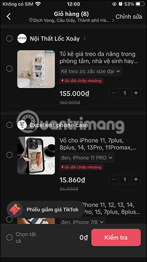 Sản phẩm trong giỏ hàng TikTok