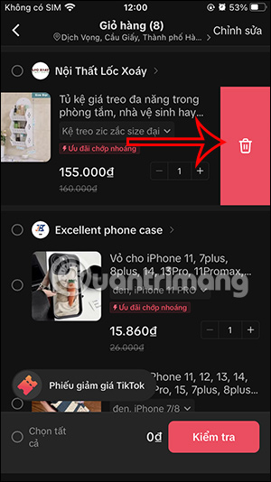 Chọn xóa sản phẩm giỏ hàng TikTok