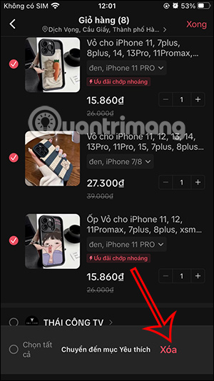Chọn xóa các sản phẩm trên giỏ hàng TikTok
