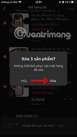 Xóa các sản phẩm trong giỏ hàng TikTok