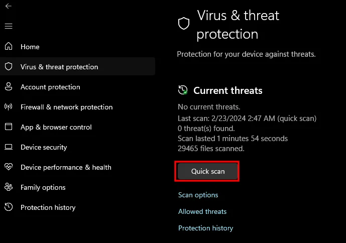 Nút Quick Scan trong Windows Defender