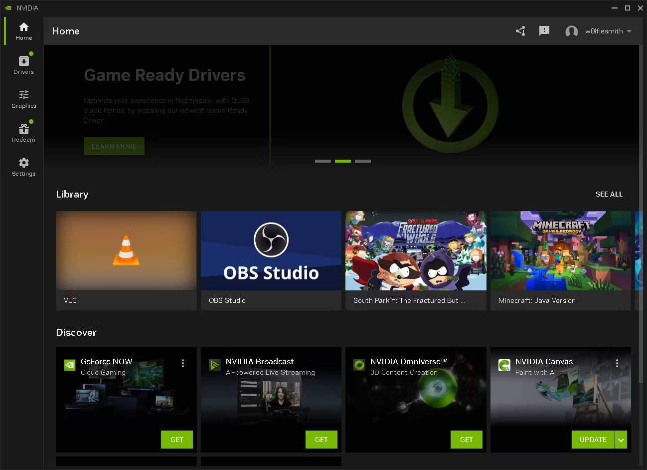Màn hình chính của Nvidia App