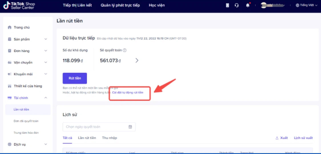 Rút tiền với TikTok Shop tự động