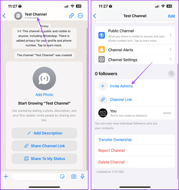 Mời admin kênh WhatsApp