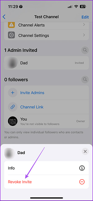 Thu hồi lời mời làm admin kênh WhatsApp