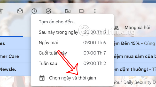 Chọn thời gian tạm ẩn email Gmail máy tính 