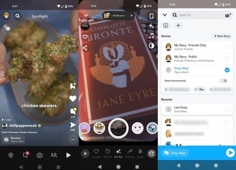 Tổng quan về giao diện Snapchat trên Android.
