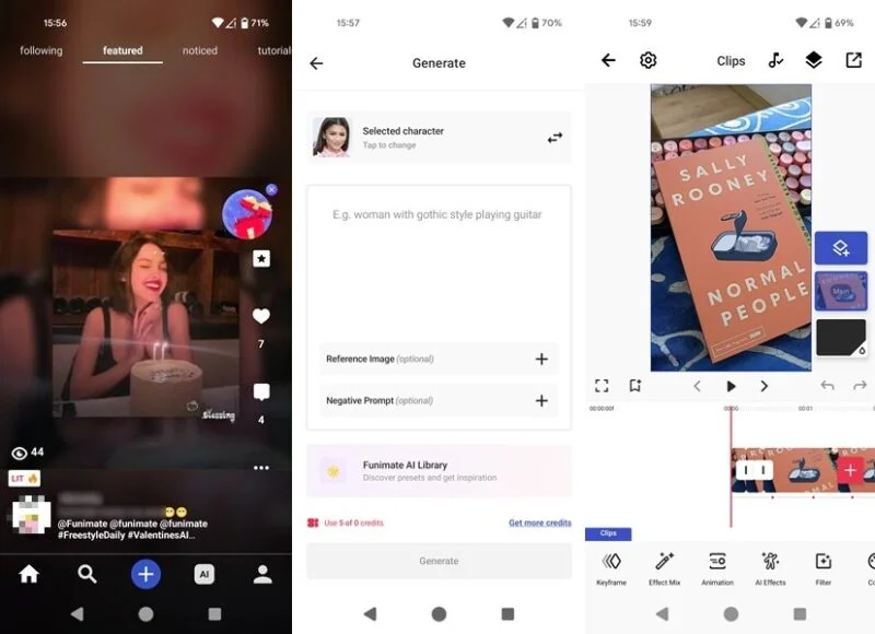 Tổng quan về giao diện ứng dụng Funimate trên Android.