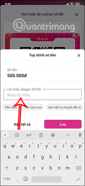 Khung nhập lời nhắn nhận tiền