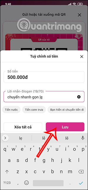 Lưu lời nhắn nhận tiền trên MoMo