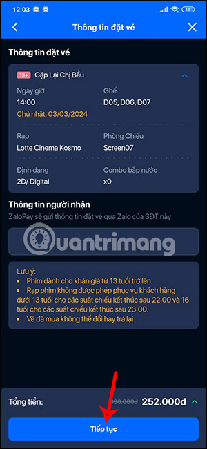 Thông tin mua vé tren ZaloPay