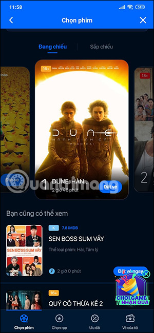 Giao diện chọn phim trên ZaloPay