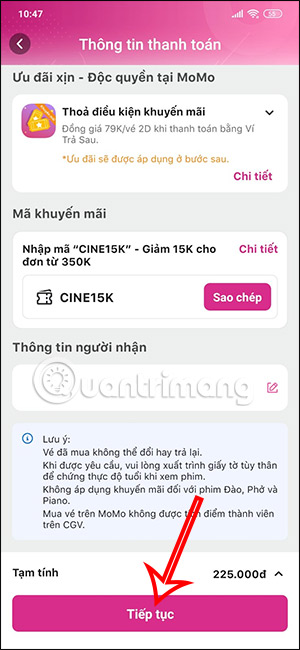 Số tiền mua vé xem phim trên MoMo