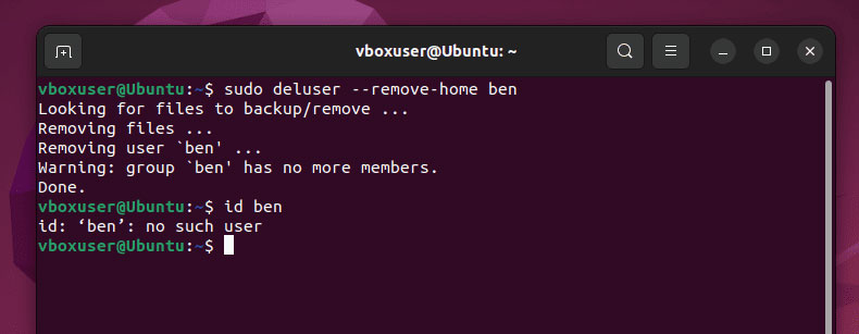 Ví dụ lệnh id trên Ubuntu không tìm thấy người dùng đã bị xóa