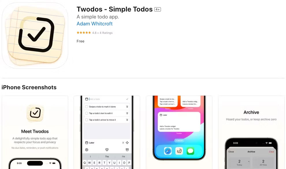 Cửa hàng ứng dụng iOS hiển thị ứng dụng Twodos của Adam Whitcroft