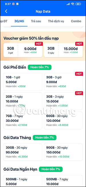 Chọn gói data cần tặng
