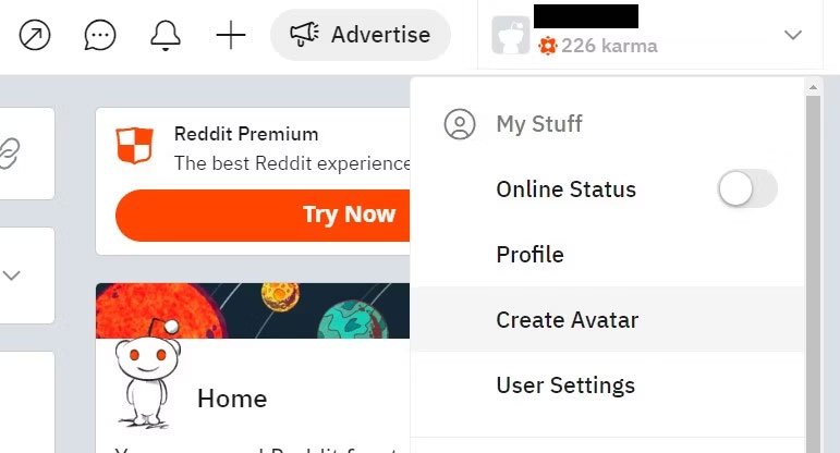 Tùy chọn Create Avatar trên trang web reddit