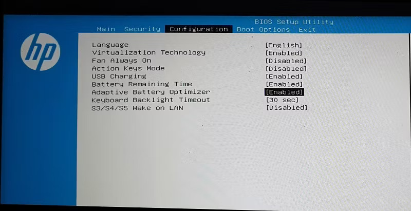Bật cài đặt tối ưu hóa pin thích ứng trong BIOS của laptop HP.