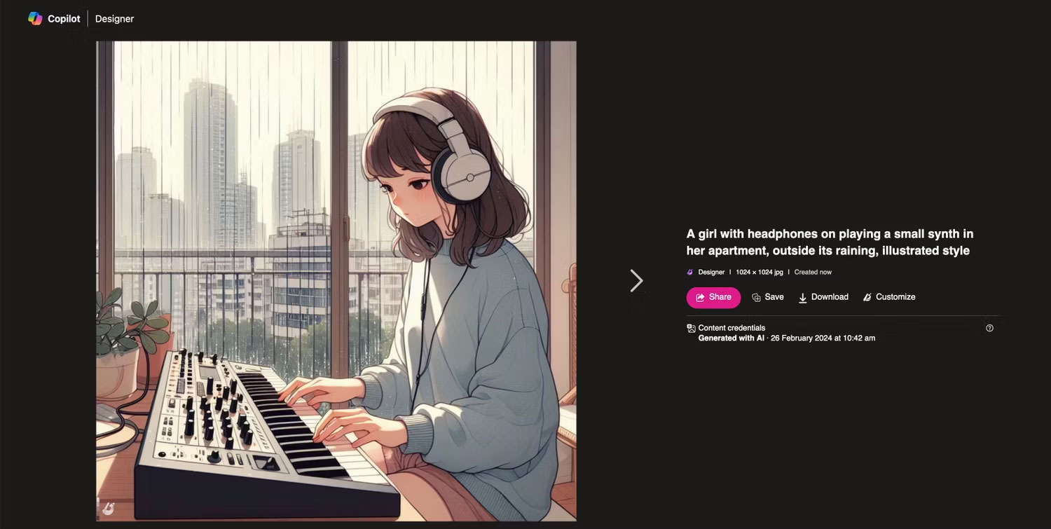 Hình ảnh một cô gái chơi đàn được tạo bằng Microsoft Designer