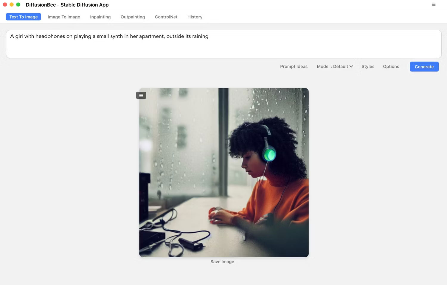 Giao diện DiffusionBee với hình ảnh cô gái đeo tai nghe