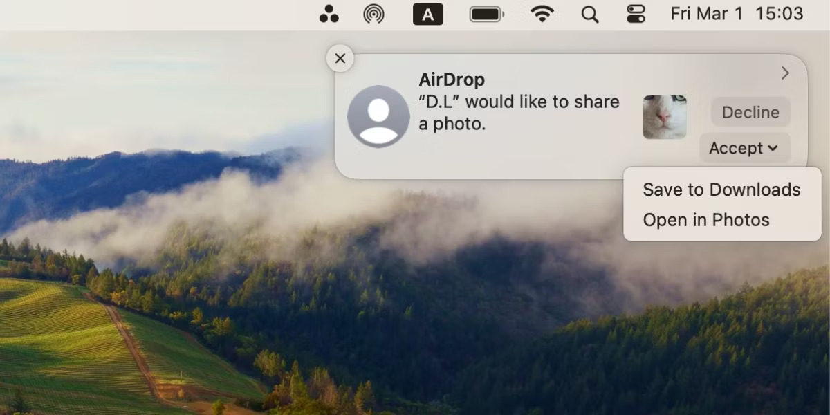 Thông báo AirDrop trên Mac hiển thị file đến