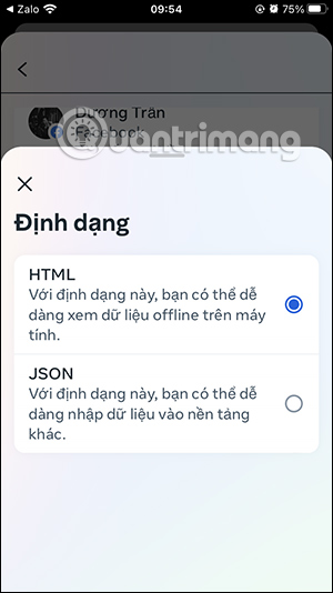 Chọn định dạng dữ liệu Facebook