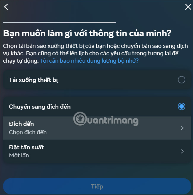 Chọn loại dữ liệu Facebook máy tính tải xuống