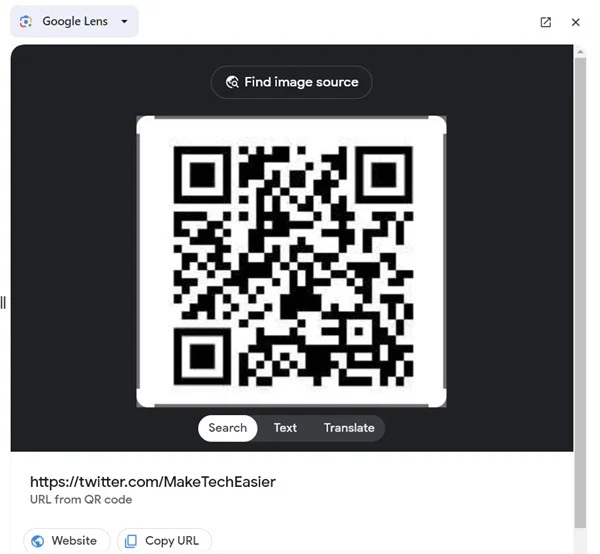 Kết quả của Google Lens cho mã QR hiển thị URL của nó và các chi tiết khác.
