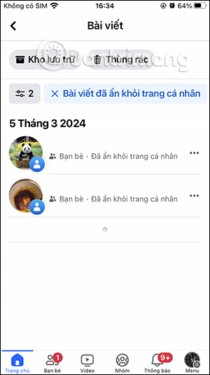 Bài viết ẩn trên Facebook theo ngày