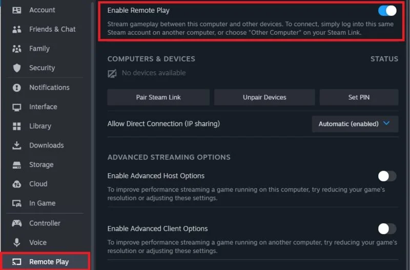 Bật Steam Remote Play trong cài đặt