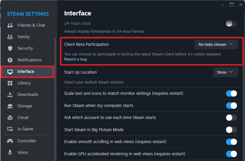 Vô hiệu hóa Steam beta client trong cài đặt Steam
