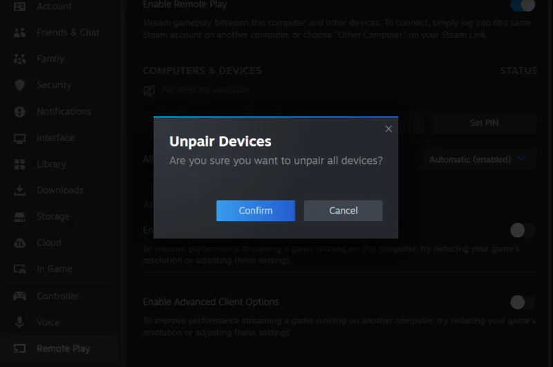 Hủy ghép nối thiết bị Steam Link